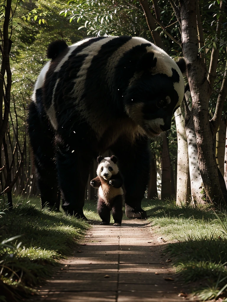 A panda walks through  alone the forest
