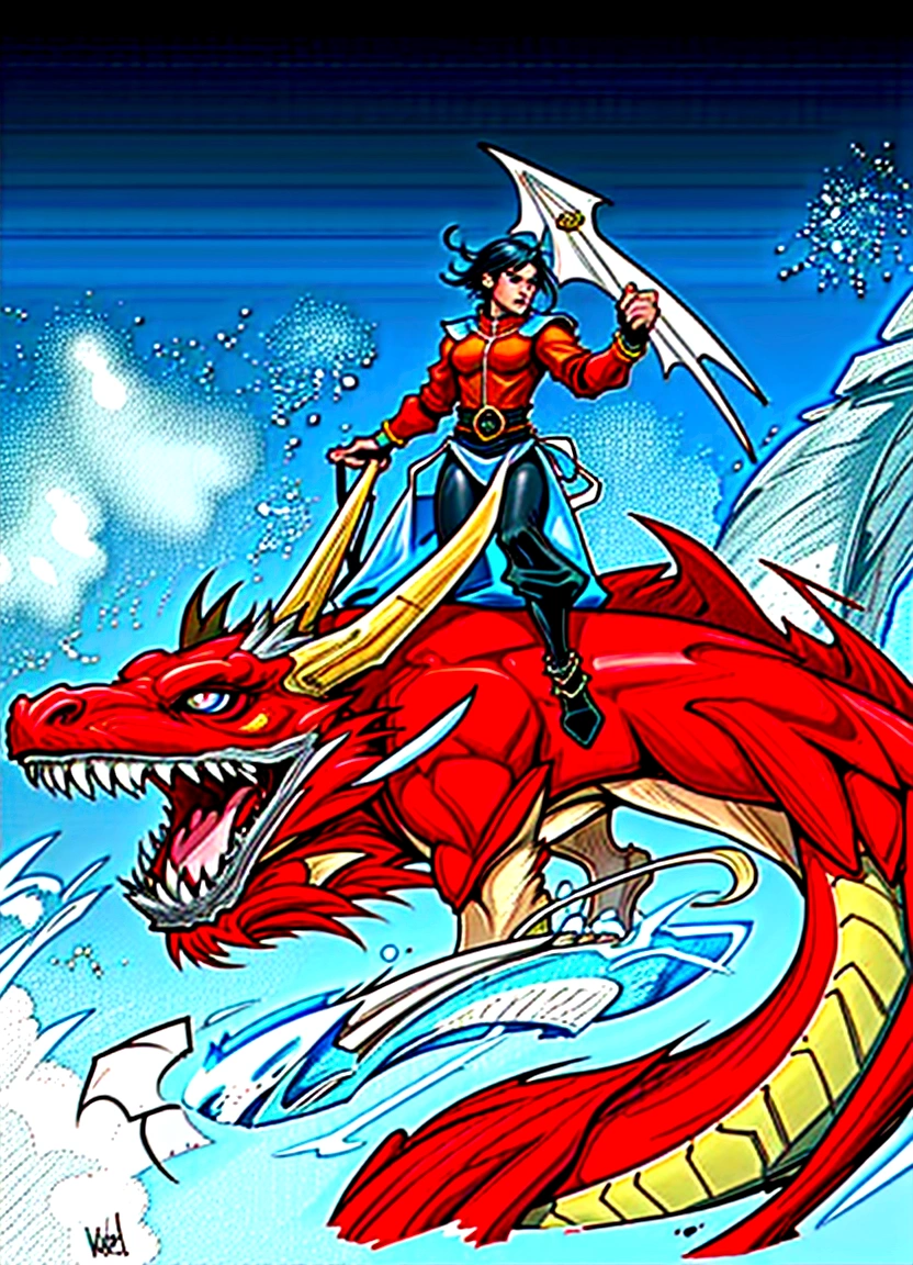 cartoon of a woman Riding a Dragon with a sword in her hand, Dragon Knight, fantasy graphic novel style, fighting a dragon, Illustrates??o de Dragonlance, human and dragon fusion, battle with dragon, Dragon Knight, colorful illustration, Riding a Dragon, attacking through a dragon lair, dragon slayer, teenage girl Riding a Dragon, dra the dragon, colorful illustration