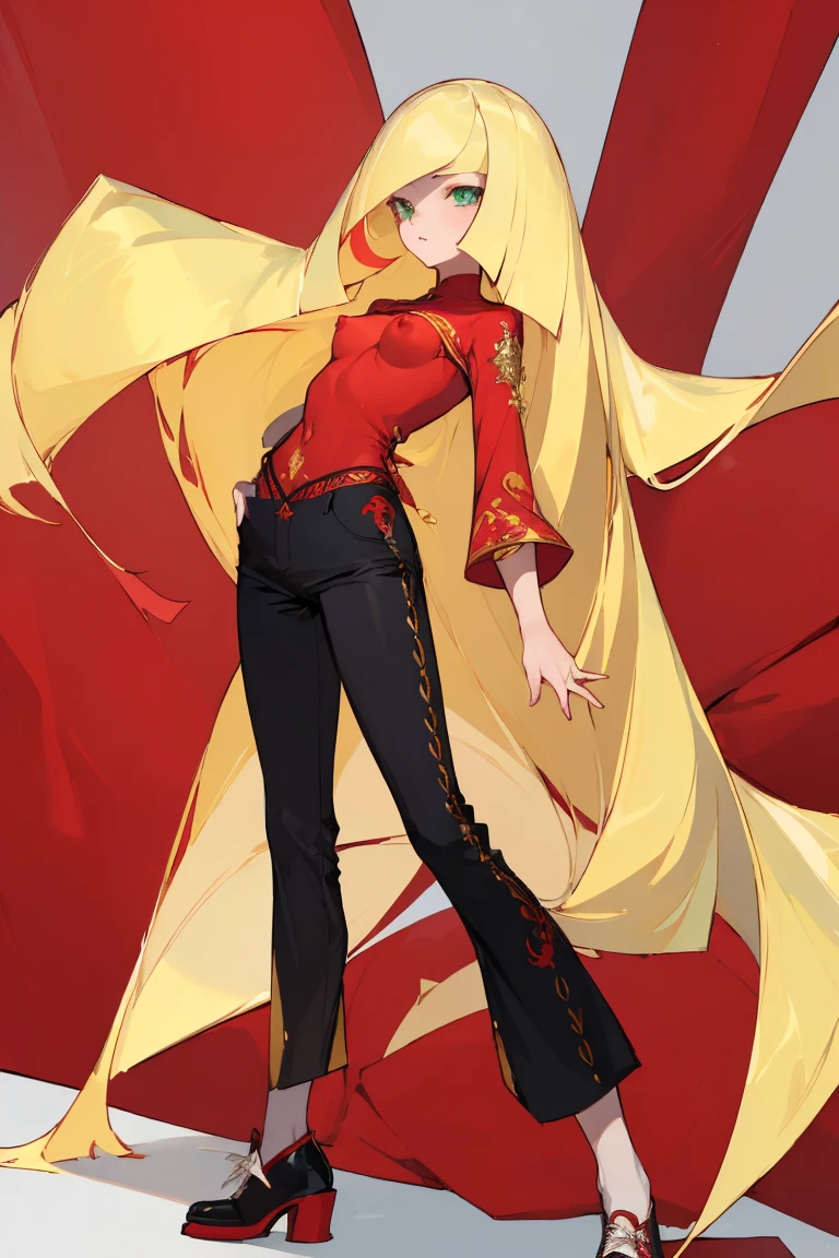 ((Highest quality)), ((masterpiece)), (Familiar), Lusamine,nsfw,Tattoo of the uterus,thin,Long blonde hair,Small breasts,Small breasts,Erect nipples,Adult female,Green Eyes,Slanted Eyes,Red Shirt,No sleeve,Gold embroidery,shoes,Fascinating,Black pants