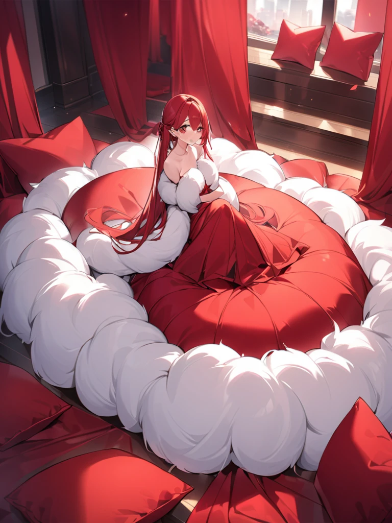 Fluffy red silk duvet、Lots of giant silk pillows、Luxurious fluffy red silk bed