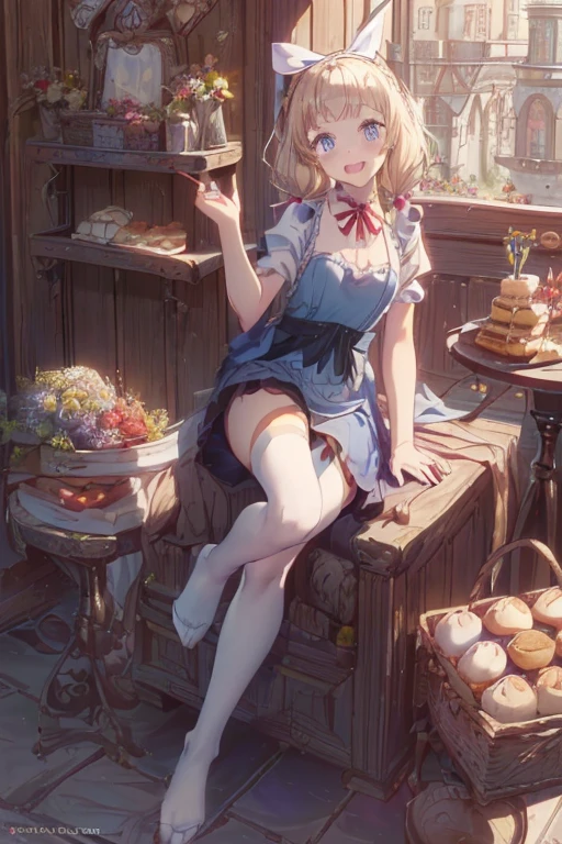 (from above:1.2),(Beautiful Allafed Woman),(((emphasizing breasts:1.0))),(Dynamic angles),(Dynamic and sexy bending pose:1.3),(perky chest:1.2), (pointed chest:1.2),(((Black Tunic:1.3))),(((cakes and bread in the basket),Cute and beautiful girl,Cute round face,Cute smile,with blush cheeks,Red Lip,a girl 22 years old, nsfw:1.2, beautiful body:1.3), shinny skin, BREAK, ((alice in the wonderland:1.3, cute, kawaii, lovely, funny, a girl falling down from sky:1.3, girl flying in sky:1.2, girl floating in air:1.3, rolling ??????? by wind:1.5, (with sparkling eyes and a contagious smile),open mouth, Looking at Viewer, surprised, putting hands on crotch over the skirts:1.35)), BREAK, ((floating things as follows:1.3, PlayingCards, ?????, tea cup, tea pot, tea spoons, pocket watch:1.3, lip sticks, candies:1.2, cookies, jam bottles, classical door_keys)), ((long purply_Blue dress :1.5, wearing long flaired skirt:1.3, the skirt is blowing:1.3, cute White Apron, black stockingedium long platinum-blonde hair:1.2, twin tail hair:1.6, tied hair with a large ribbon), (Blue eyes, bright pupils with highlights, detailed eyes), (lying down on your back:0.7, spreading legs with rising up straight:0.7), sexy posture, fantastic colorful art, (fantasy art:1.2, wondered images), ((correct ???????:1.5, perfect ???????:1.3, correct hand, small foot:1.2)),