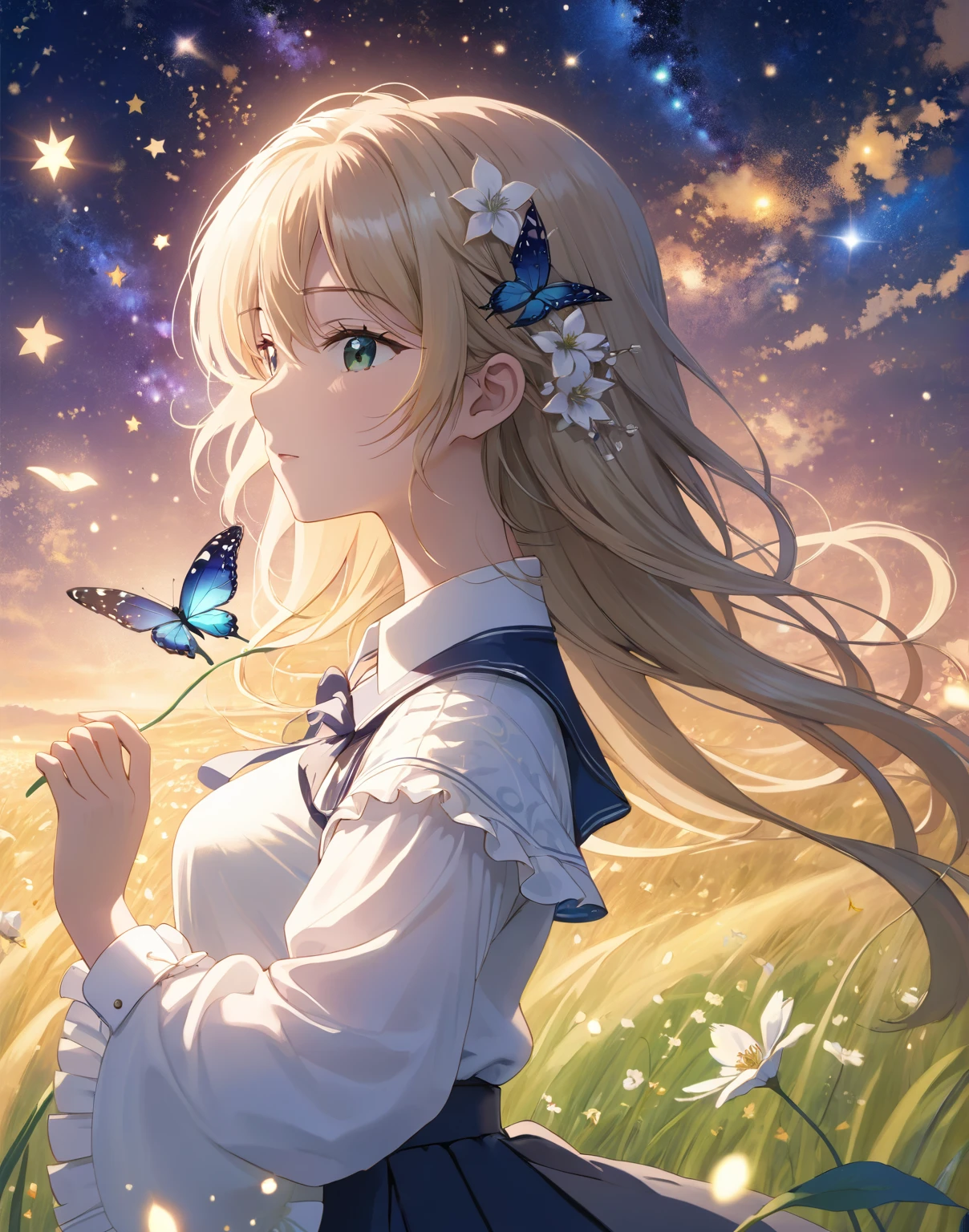 超detailedなイラスト:1.2),Very delicate and beautiful,非常にdetailed,CG,Unity,8k wallpaper,wonderful,detailed,masterpiece,The best quality in the best condition,Official Art,非常にdetailed CG 8k Unbelievably ridiculous resolution,Beautiful and exquisite,High resolution,非常にdetailedな目と顔,1 Girl, Crafting, Starry Sky. sf. grassland. petal.
White shirt, skirt, Wind.
超detailed, Highest quality.