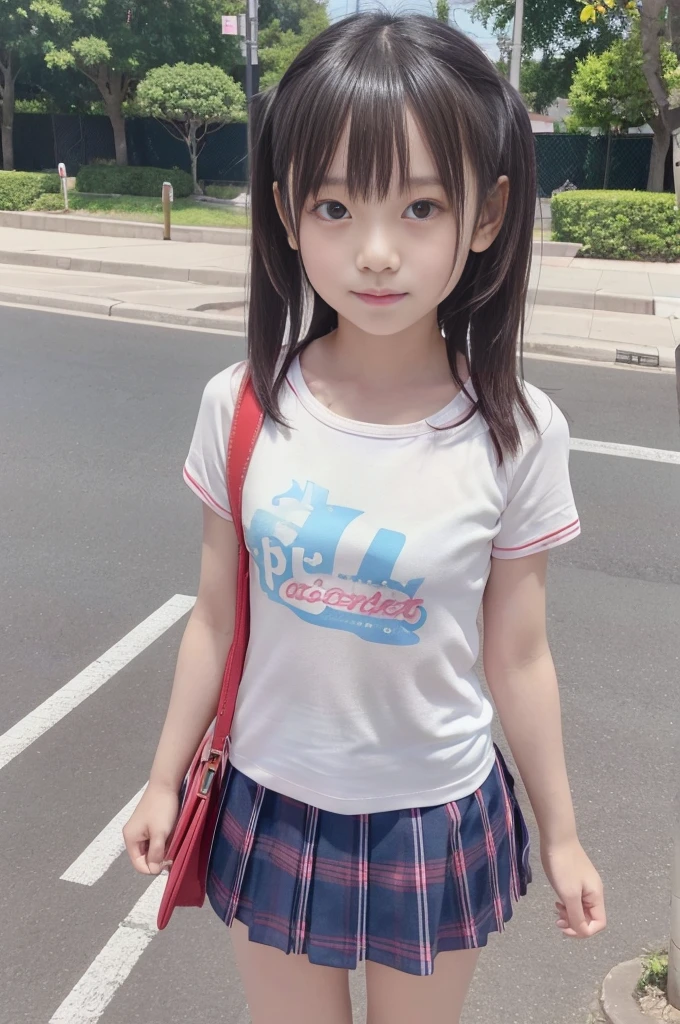 (8k),(masterpiece),(Japanese),(),((Innocent look)),((Childish)),from the front,smile,cute,Innocent,Kind eyes,Plain T-shirt,Short sleeve,Blue checked short skirt,(Carrying a red backpack),Straight Hair,Hair blowing in the wind,Black Hair,Somewhat strong wind,noon,bright
