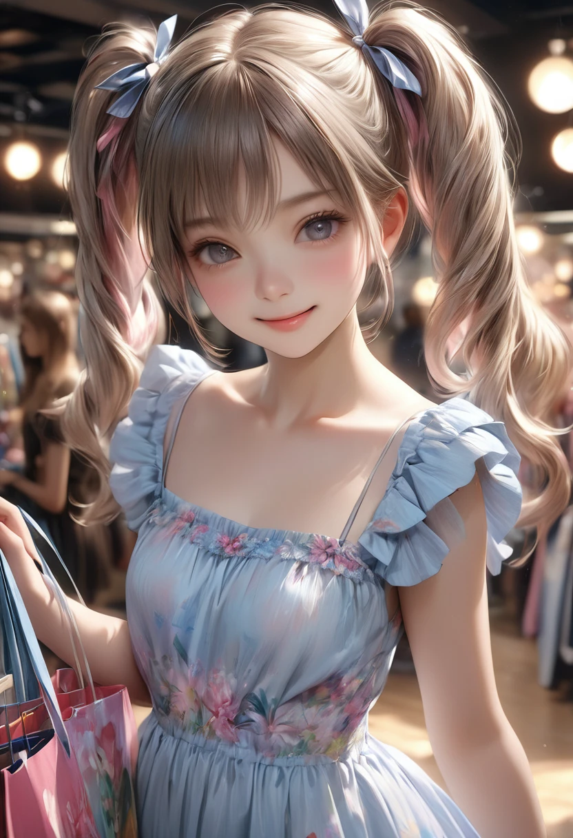 a cute angelic female, [soft fluffy braided hair], ribbons, (((twin tails))), summer-like, [bright colored tiered dress], [subtle skin exposure], sandy beach, light smile, (best quality,4k,8k,highres,masterpiece:1.2),ultra-detailed,(realistic,photorealistic,photo-realistic:1.37),HDR,UHD,studio lighting,ultra-fine painting,sharp focus,physically-based rendering,extreme detail description,professional,vivid colors,bokeh,portraits,