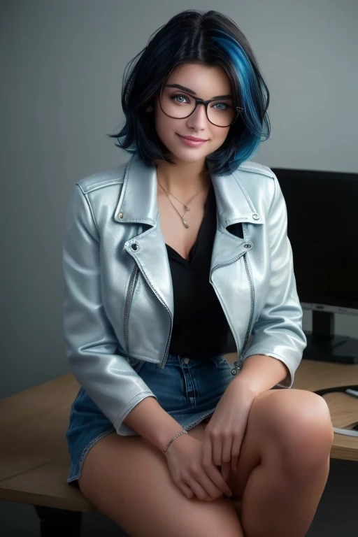 Kate, short black hair with blue highlights, looking at the viewer, blue eyes, perfect body, round glasses, white leather jacket, white skirt to just above knees, jeans. full body, in an office, drawing on a drawing board, a car project, grin, short hair, black hair, streaked hair, blue hair, hair over one eye, hair behind ear, wide shot, panorama, cinematic lighting, Hyperrealism, close-up, cowboy shot
