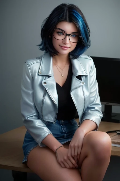 Kate, short black hair with blue highlights, looking at the viewer, blue eyes, perfect body, round glasses, white leather jacket, white skirt to just above knees, jeans. full body, in an office, drawing on a drawing board, a car project, grin, short hair, black hair, streaked hair, blue hair, hair over one eye, hair behind ear, wide shot, panorama, cinematic lighting, Hyperrealism, close-up, cowboy shot