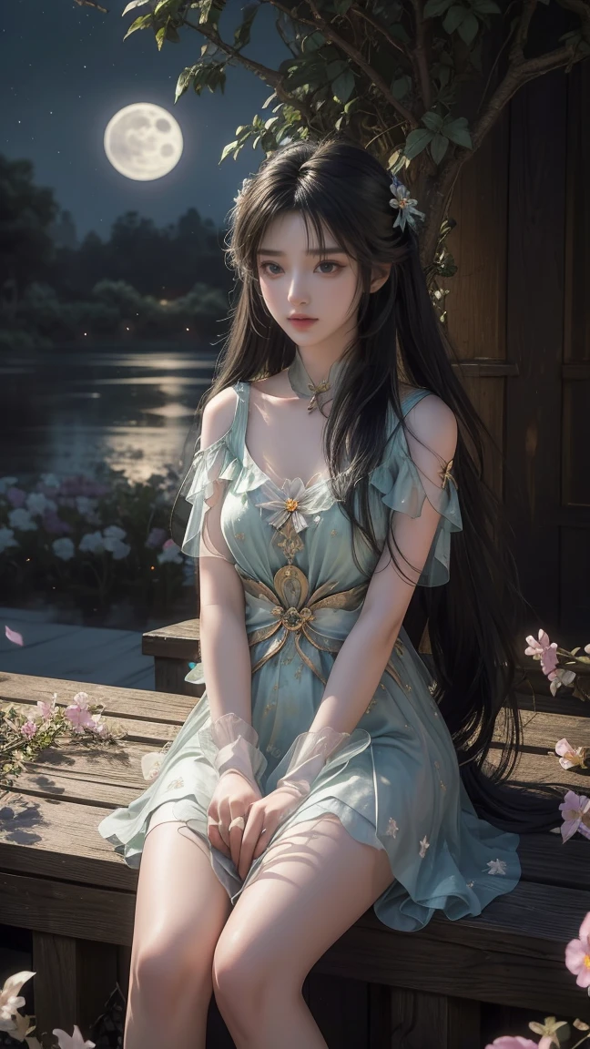 1girl, girl with long black hair, smiling, cheerful, girl is sitting among a wide expanse of flowers, surrounded by beautiful flowers, Calm and peaceful atmosphere, night, moonlight , Beautiful glowing butterflies surround the girl lighting up the darkness of the night, magic,Romantic, the night breeze blows the Sepoi Sepoi girl's hair, 