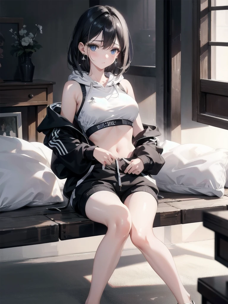 absurdres, RAW photo, extremely delicate and beautiful, masterpiece, Best Quality, ultra high resolution, 32k, hyperrealistic, ultra-detailed, in her 20s, delicate facial features, tearful mole, earring, medium breasts, full body shot, shorter middle hair, black hair, tracksuit shorts, Lightweight hoodie, crop top,