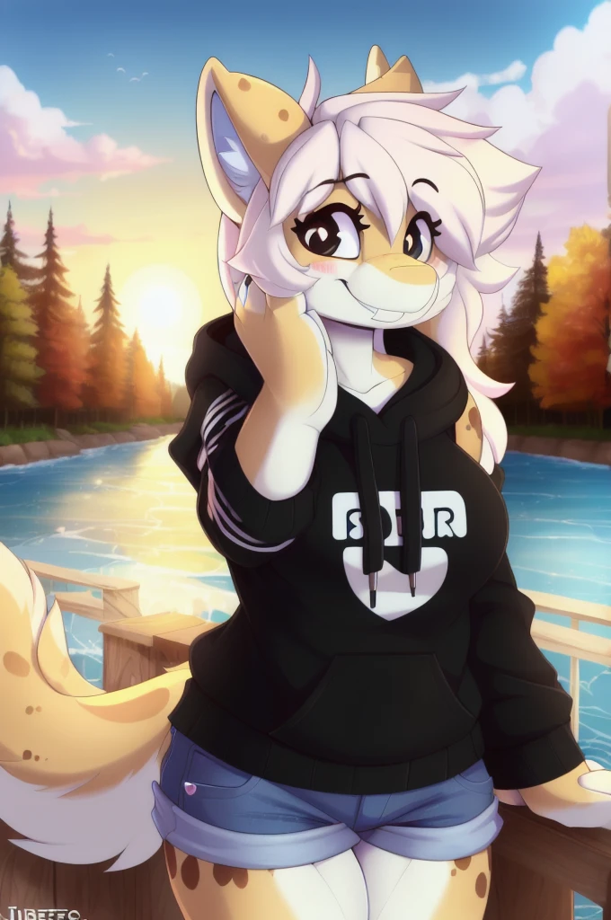 Female, solo, wolf, fluffly, furry, (average breasts), (curvy), (black hoodie), (jorts), accurate tail, slight blush, mature, smiling, happy, beautiful, highly detailed, high resolution, detailed eyes, detailed hands, detailed background, masterpiece