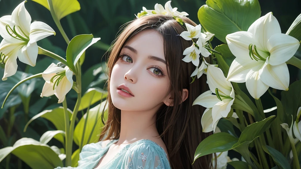 32k, Masterpiece, Highest quality, One girl, Brown Hair, Detailed eyes, flower,Amaryllis, Blue and green style,A dreamy, romantic piece,Pale yellow, Mysterious Leaves,A playful arrangement,Fantasy,High Contrast,Ink strokes,explosion,Exposure, Impression of blue and green tones,Abstract, Brush strokes,Negative Space, Tyndall effect