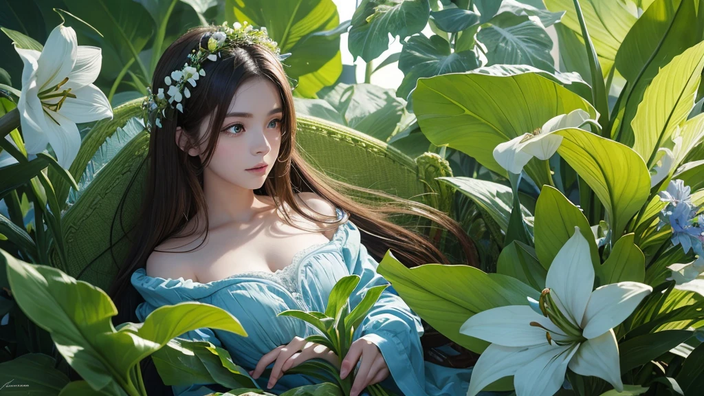 32k, Masterpiece, Highest quality, One girl, Brown Hair, Detailed eyes, flower,Amaryllis, Blue and green style,A dreamy, romantic piece,Pale yellow, Mysterious Leaves,A playful arrangement,Fantasy,High Contrast,Ink strokes,explosion,Exposure, Impression of blue and green tones,Abstract, Brush strokes,Negative Space, Tyndall effect