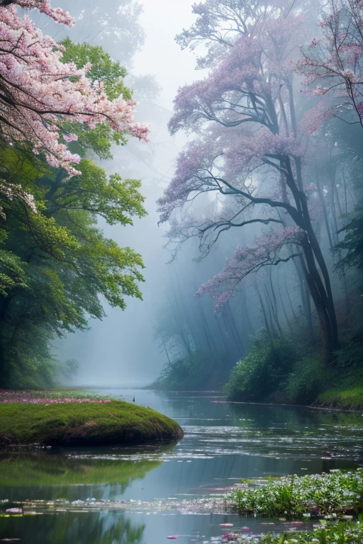 majestic river image, Trees on both sides々but, Small waterfall, Thick Fog ,Award-winning photography, chromatic aberration, detailed , High resolution, bloom, Monet&#39;s Style, Pissarro, Sisley ,artステーションでトレンド, Trending on, art：Mid Journey