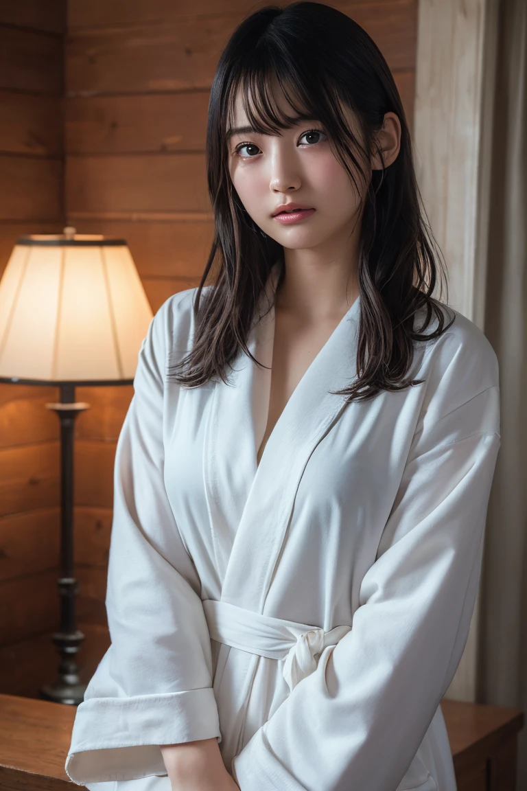 (Highest quality:1.4),(masterpiece:1.4),(Realistic:1.4),(Realistic:1.2),(超High resolution, RAW Photos:1.4),(High resolution, Ultra-detailed:1.2),(8K:1.2),View your viewers,Cinematic photography,One girl,skeletally correct,Black-haired woman,(Bathrobes,After bath,Slightly damp hair,View from the front),(Western-style building interior,Dimly lit room,The lamplight shines on my cheeks)