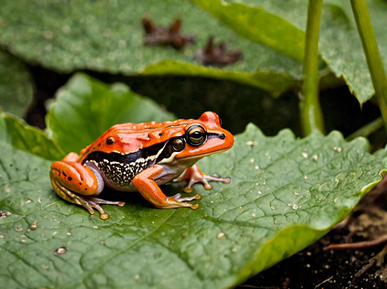 Dyscophus antongilii frog on a leaf eating a fly, tomato frog ,outdoors, realistic scenery. very wide shot, landscape, film, professional, 4k