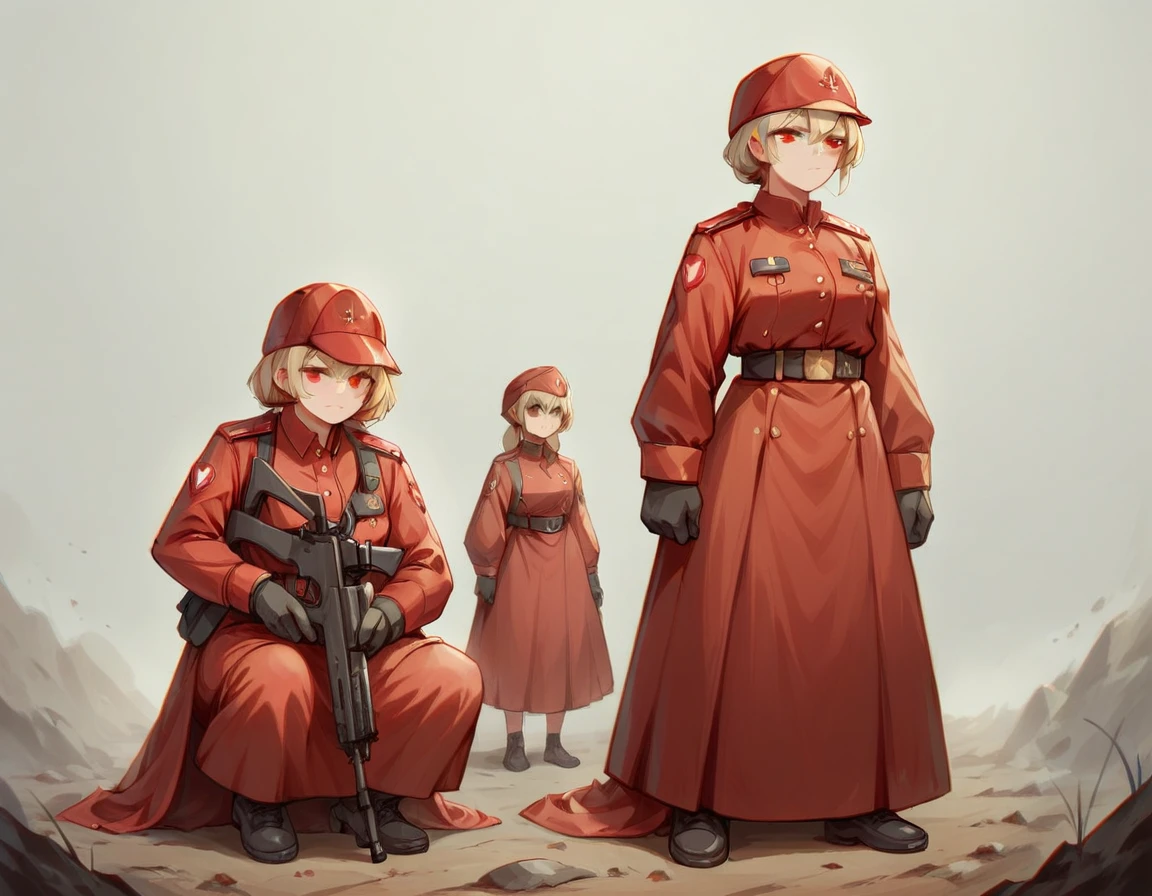 A platoon of girls wearing bright red military uniforms and long red skirts、A pair of girl platoon leaders and girl soldiers wearing red military uniforms and red long skirts and equipped with assault rifles