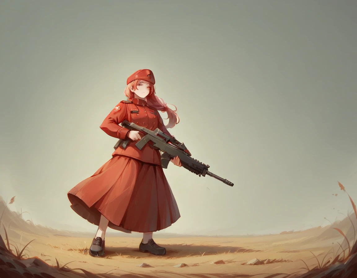 A platoon of girls wearing bright red military uniforms and long red skirts、A pair of girl platoon leaders and girl soldiers wearing red military uniforms and red long skirts and equipped with assault rifles