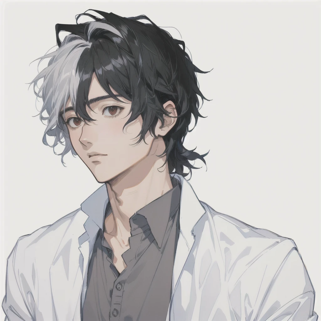 A painting of a man with black hair wearing a white jacket, inspired by Okumura Togyu, Gray hair black hair, He has dark grey hair, Kentaro Miura art style, Kentaro Miura Manga Style, Kentaro Miura's Manga Art Style, Male Anime Characters, Anime Handsome Man, Young Anime Guy