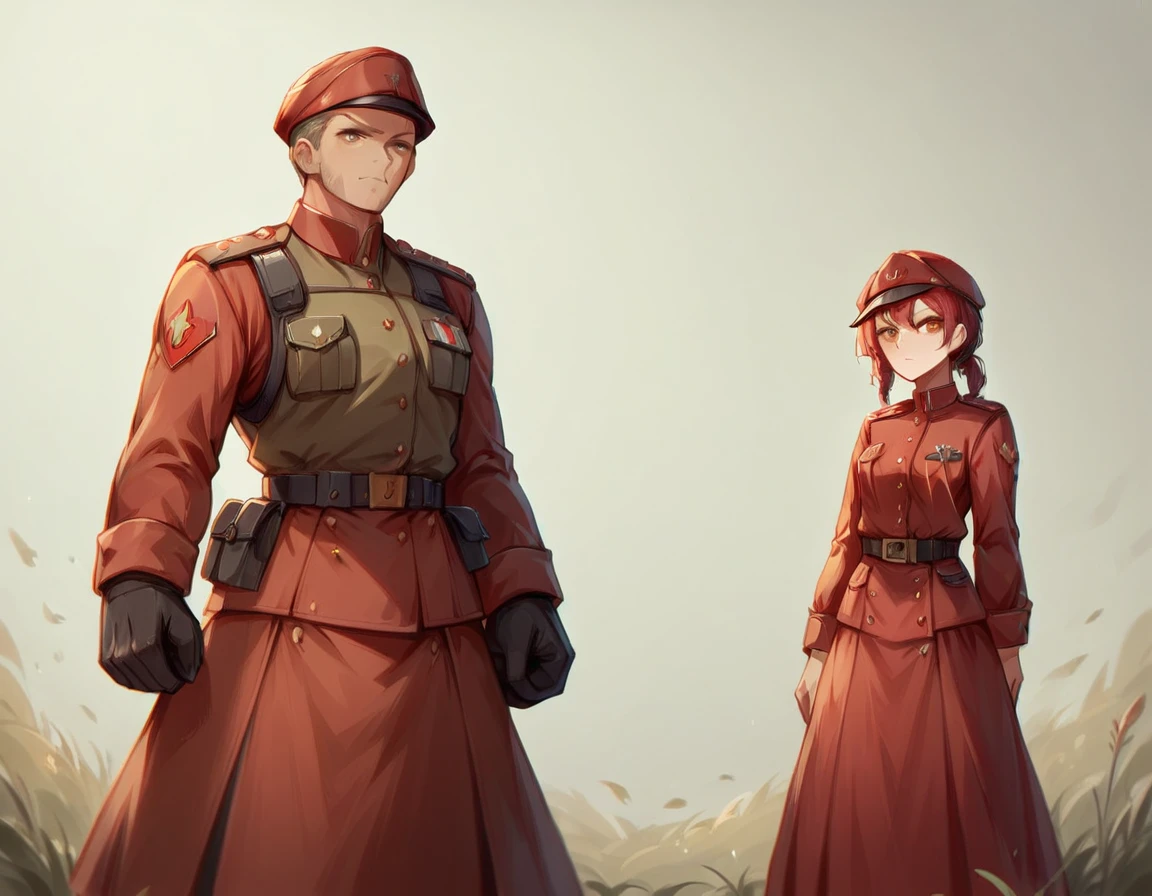 A platoon of girls wearing bright red military uniforms and long red skirts、A pair of girl platoon leaders and girl soldiers wearing red military uniforms and red long skirts and equipped with assault rifles