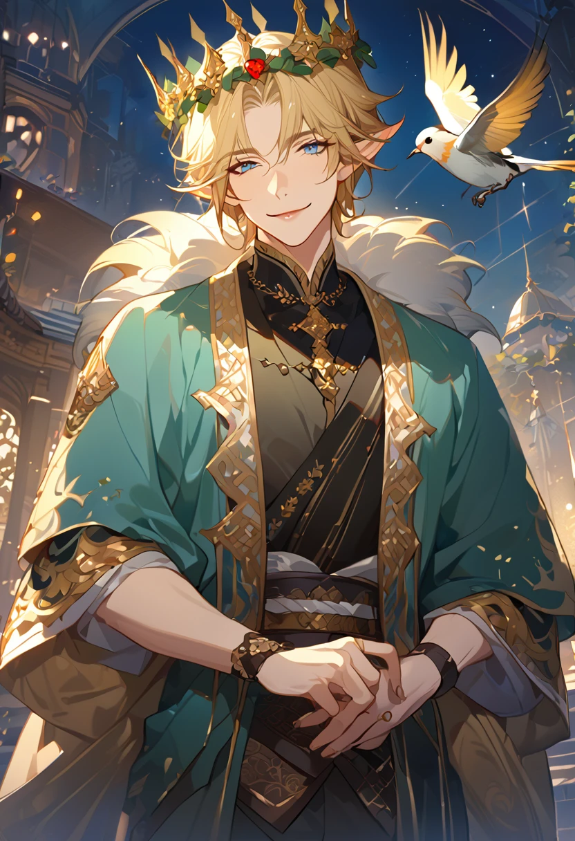 masterpiece, best quality, 8k ,4k , 1male, elf King, Golden Blond, Blue greenish eyes, gold wreath crown, hair ornament, finely detailed eyes and detailed face, looking at viewer, black sleeveless, half robe, patterned clothes, gold embroidery clothes, meticulous clothes, mature clothe, majestic looks, smiling gently, small bird, full body, inspired by Asukaziye artist : ask, art style : ask