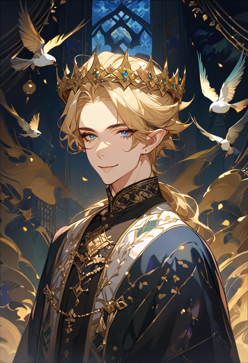 masterpiece, best quality, 8k ,4k , 1male, elf King, Golden Blond, Blue greenish eyes, gold wreath crown, hair ornament, finely detailed eyes and detailed face, looking at viewer, black sleeveless, half robe, patterned clothes, gold embroidery clothes, meticulous clothes, mature clothe, majestic looks, smiling gently, small bird, full body, inspired by Asukaziye artist : ask, art style : ask