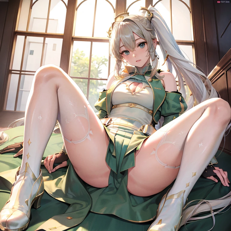 hatsune Miku、(ultra Realistic), (An illustration), (Highres), (8K), (highlydetailed), (the best illustration), (Beautiful Detailed Eyes), (beste Quality), (Super Detailed), (Master peace), (Wallpapers), (Detailed Face), solo, 1girl, Aristocratic dresses、White hair, Iris heterochromatic eyes, small moles under eye, medium chest, Long legs,Stunning composition,Foot braids,Beautiful and detailed legs