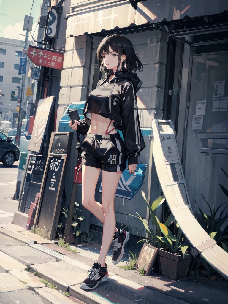 absurdres, RAW photo, extremely delicate and beautiful, masterpiece, Best Quality, ultra high resolution, 32k, hyperrealistic, ultra-detailed, in her 20s, delicate facial features, tearful mole, earring, medium breasts, full body shot, shorter middle hair, black hair, tracksuit shorts, Lightweight hoodie, crop top,