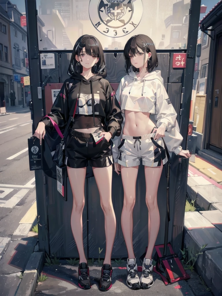 absurdres, RAW photo, extremely delicate and beautiful, masterpiece, Best Quality, ultra high resolution, 32k, hyperrealistic, ultra-detailed, in her 20s, delicate facial features, tearful mole, earring, medium breasts, full body shot, shorter middle hair, black hair, tracksuit shorts, Lightweight hoodie, crop top,