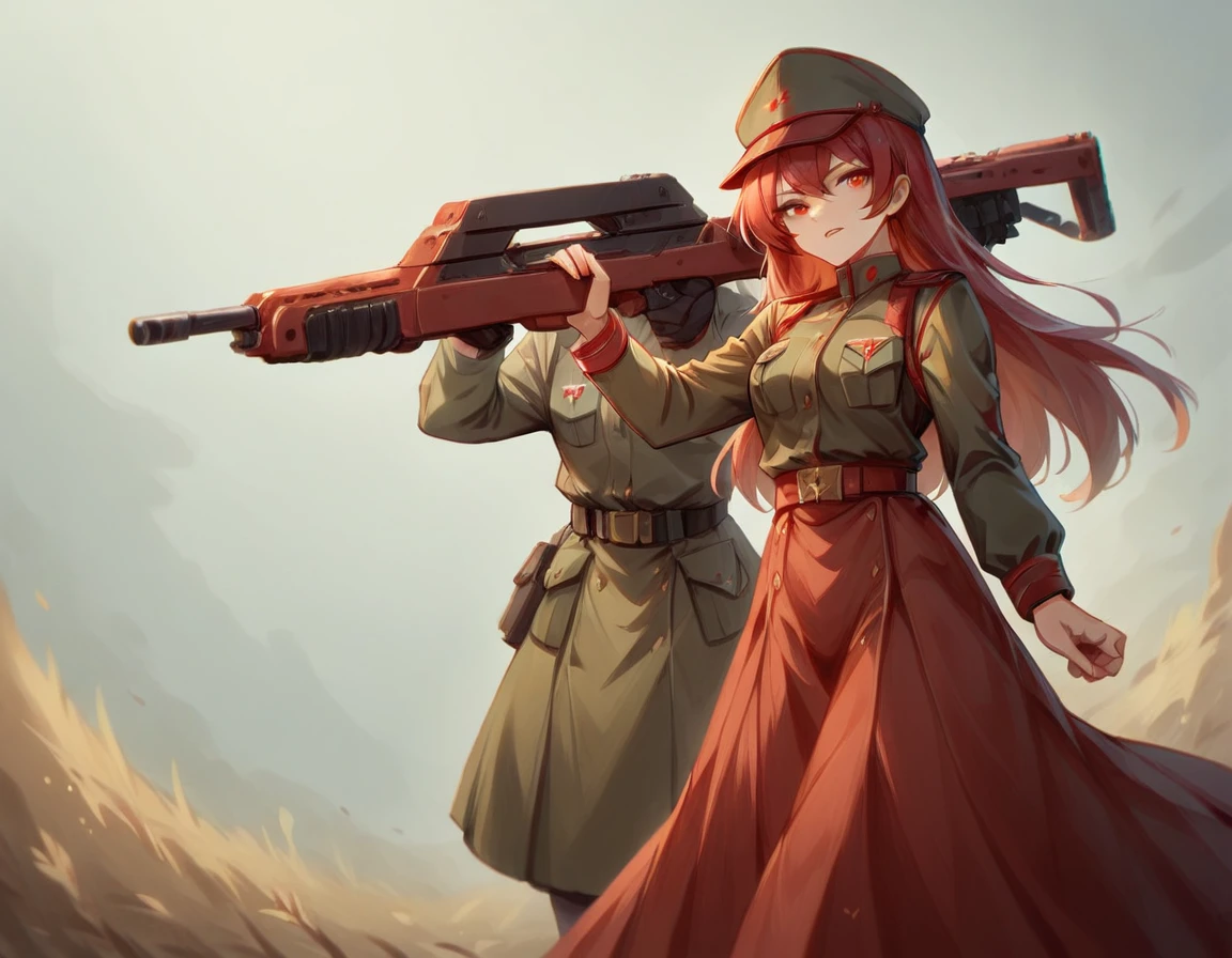 A platoon of girls wearing bright red military uniforms and long red skirts、A pair of girl platoon leaders and girl soldiers wearing red military uniforms and red long skirts and equipped with assault rifles