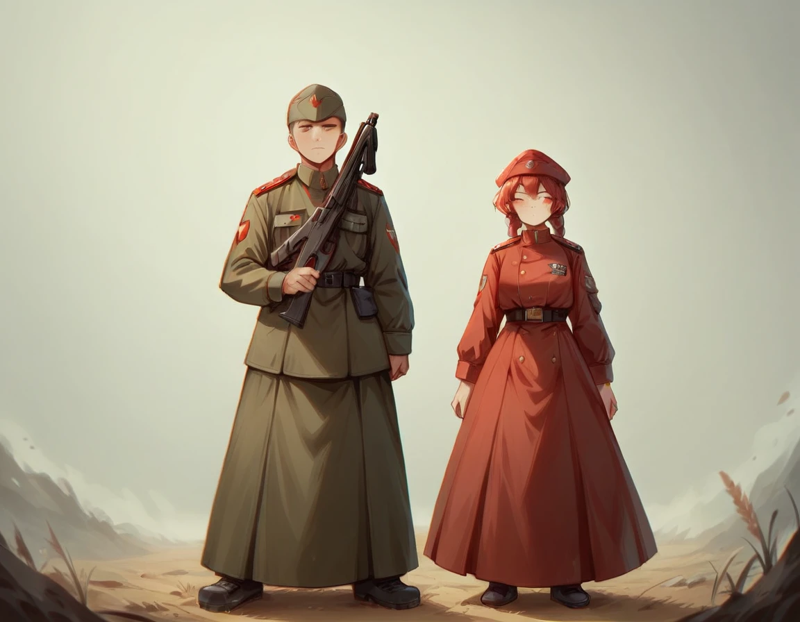 A platoon of girls wearing bright red military uniforms and long red skirts、A pair of girl platoon leaders and girl soldiers wearing red military uniforms and red long skirts and equipped with assault rifles