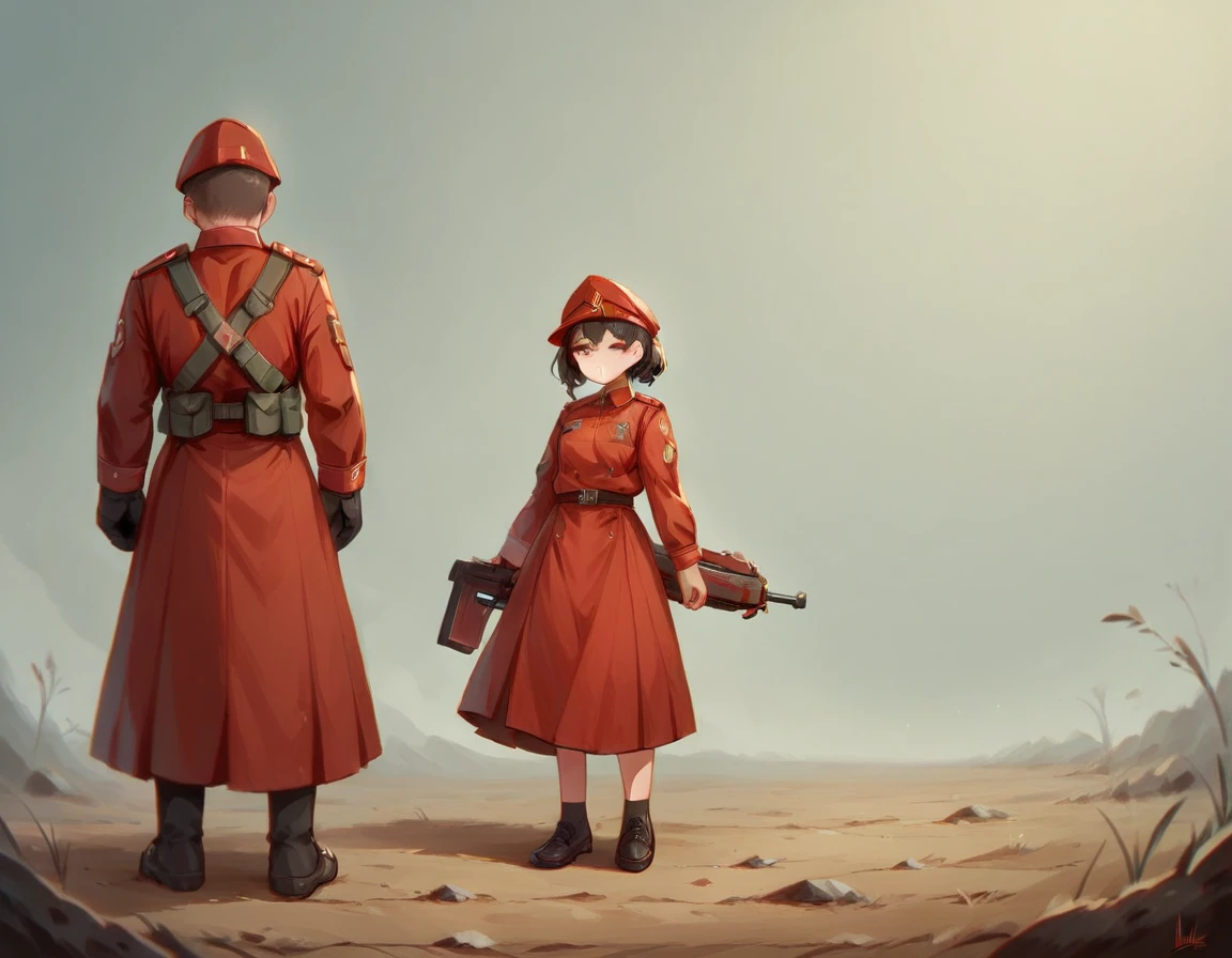 A platoon of girls wearing bright red military uniforms and long red skirts、A pair of girl platoon leaders and girl soldiers wearing red military uniforms and red long skirts and equipped with assault rifles