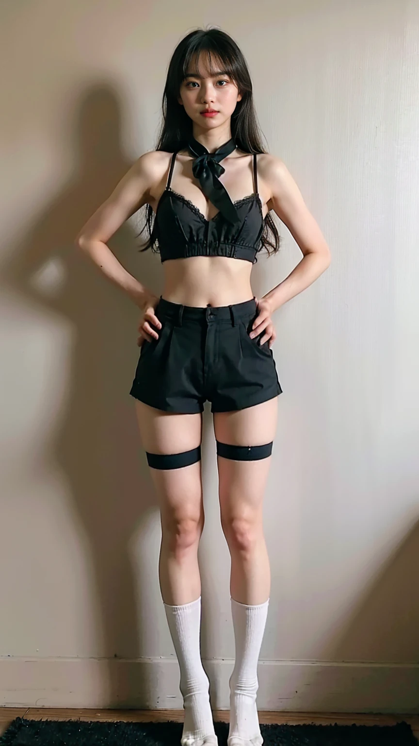 (8K、RAW Photos、Highest quality、masterpiece:1.2)、(Realistic、Realistic)、1 Girl、((Black shorts、Bustier、Small breasts、Nipples、See-through、Knee socks、Stand with hands on hips))、Lots of eyelashes、Glowing eyelids、skeletally correct