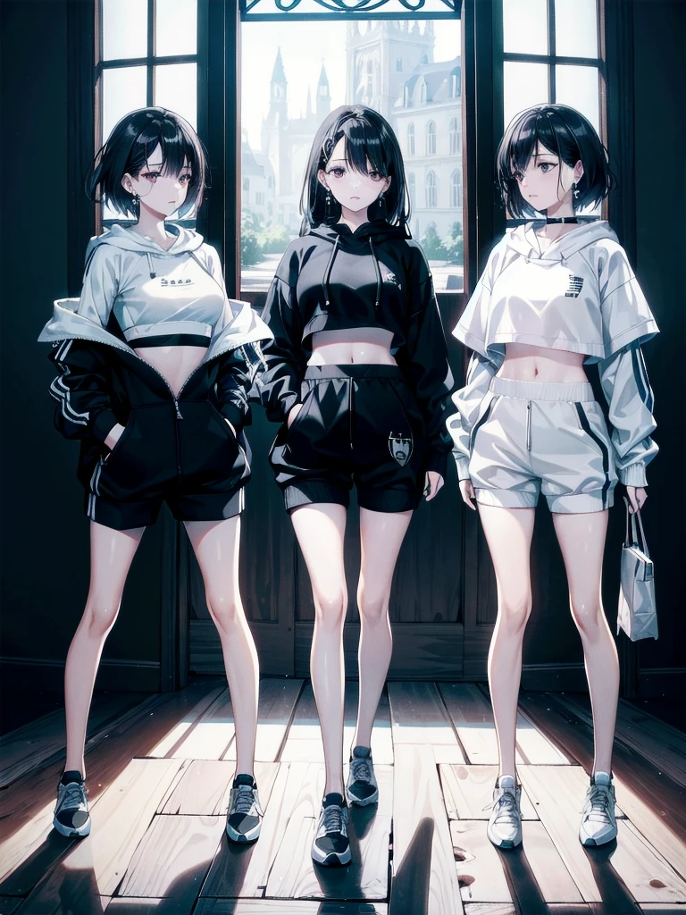 absurdres, RAW photo, extremely delicate and beautiful, masterpiece, Best Quality, ultra high resolution, 32k, hyperrealistic, ultra-detailed, in her 20s, delicate facial features, tearful mole, earring, medium breasts, full body shot, shorter middle hair, black hair, tracksuit shorts, Lightweight hoodie, crop top,