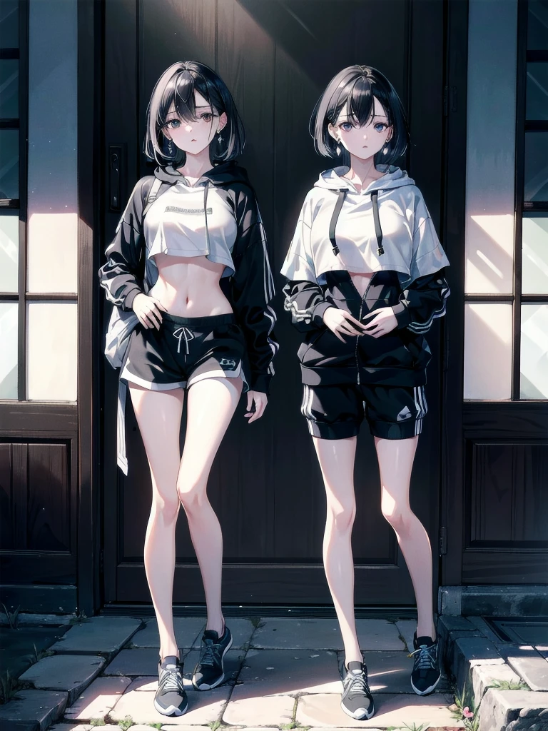 absurdres, RAW photo, extremely delicate and beautiful, masterpiece, Best Quality, ultra high resolution, 32k, hyperrealistic, ultra-detailed, in her 20s, delicate facial features, tearful mole, earring, medium breasts, full body shot, shorter middle hair, black hair, tracksuit shorts, Lightweight hoodie, crop top,