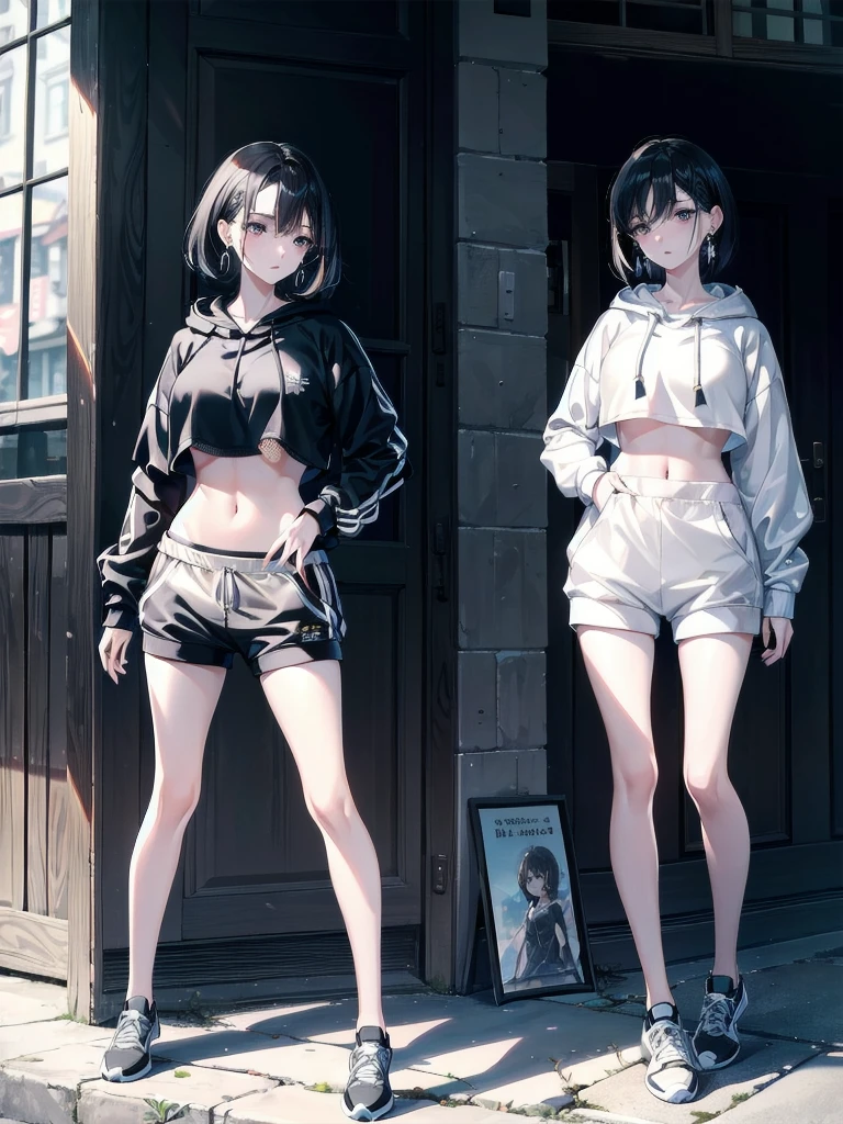 absurdres, RAW photo, extremely delicate and beautiful, masterpiece, Best Quality, ultra high resolution, 32k, hyperrealistic, ultra-detailed, in her 20s, delicate facial features, tearful mole, earring, medium breasts, full body shot, shorter middle hair, black hair, tracksuit shorts, Lightweight hoodie, crop top,