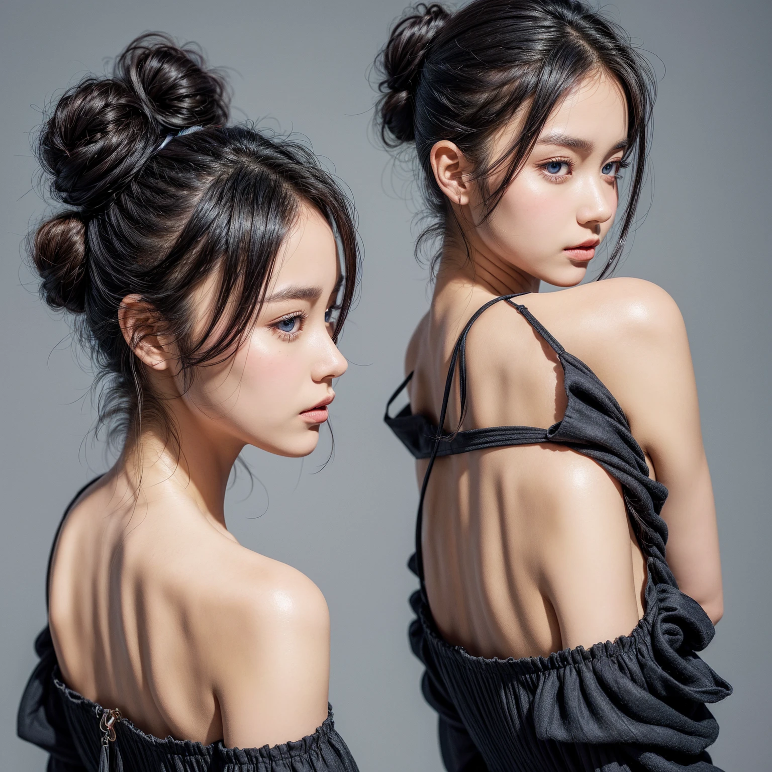 A digital illustration of a woman with black hair in a loose bun, looking over her shoulder. She has fair skin and rosy cheeks, with blue eyes and a serious expression. She is wearing a black, off-shoulder dress that exposes her back. The background is mostly white with some subtle splashes of color, giving a soft and artistic feel. The image has a realistic yet slightly stylized appearance, with smooth shading and detailed textures.