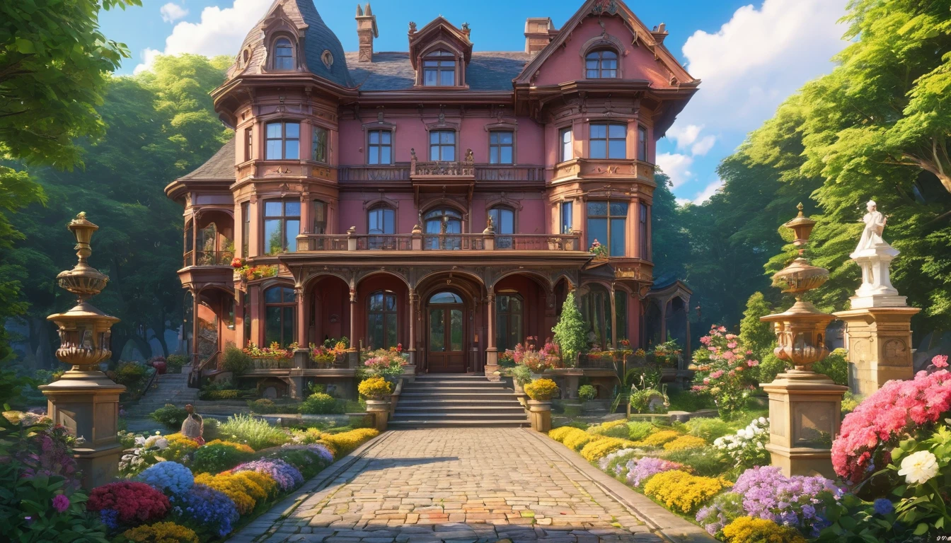 (anime, fantasy, victorian house), (detailed CG unity 8k wallpaper, masterpiece, best quality, ultra-detailed, HDR:1.2), vibrant colors, intricate, high FXAA, humble beautiful victorian style house, flower, warm atmosphere, caretaker, cobblestone path, marble statue