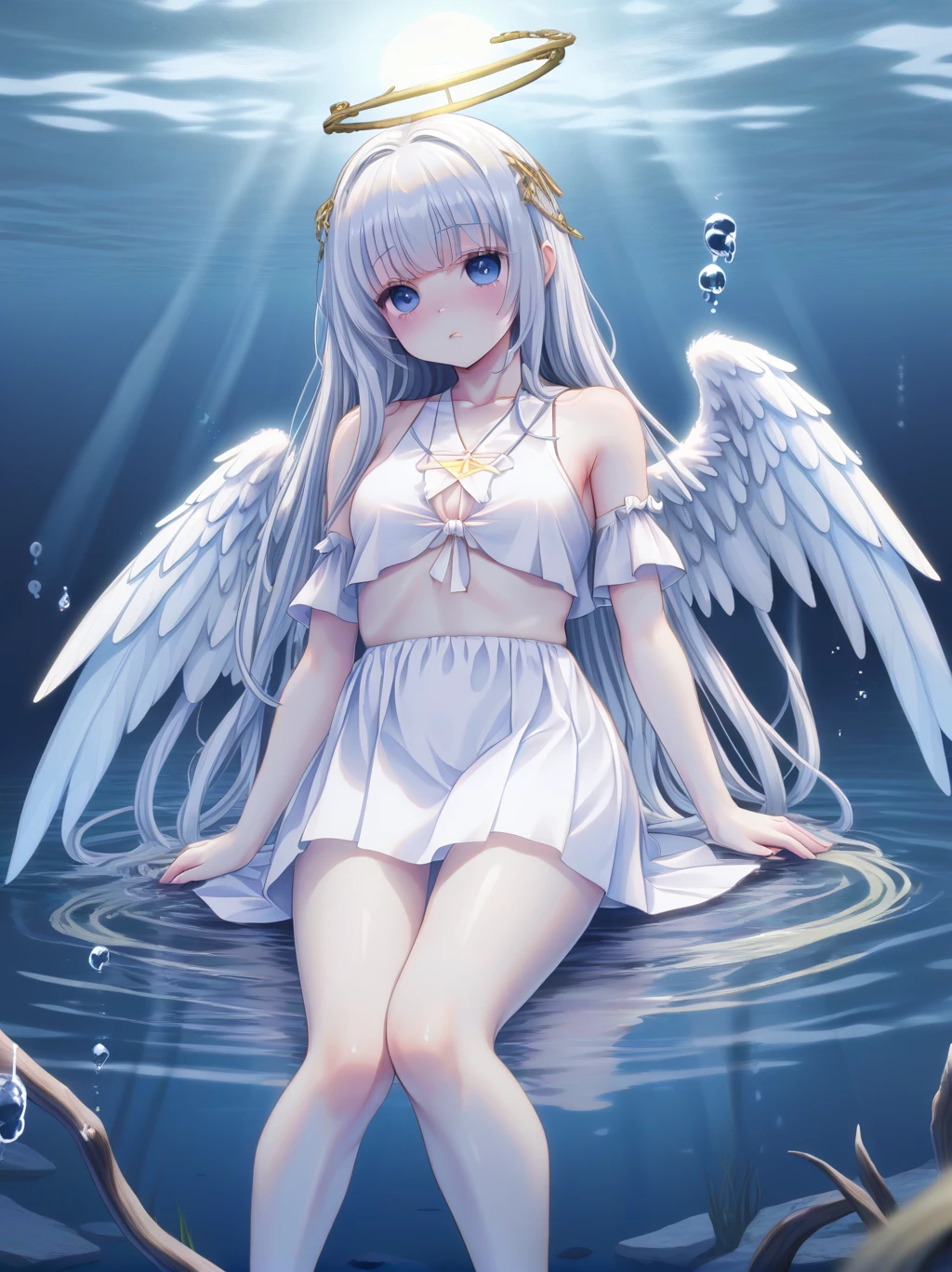 partially underwater, lakeの女神, Long Hair, Wet Hair,lake,8-year-old、Flat Chest、skirt、Above the water line from the neck、Corpses in the water, 浮力でskirtがめくれる、Angel Halo、No text