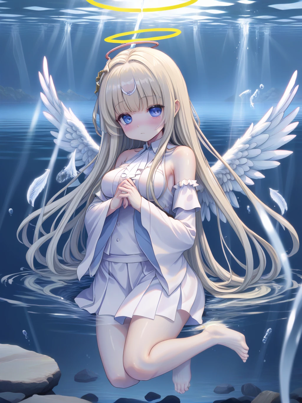 partially underwater, lakeの女神, Long Hair, Wet Hair,lake,8-year-old、Flat Chest、skirt、Above the water line from the neck、Corpses in the water, 浮力でskirtがめくれる、Angel Halo、No text