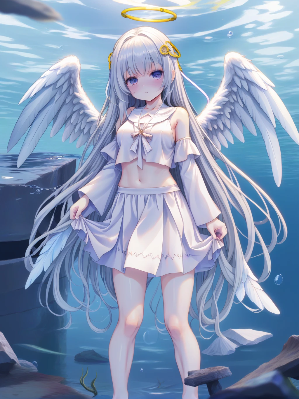 partially underwater, lakeの女神, Long Hair, Wet Hair,lake,8-year-old、Flat Chest、skirt、Above the water line from the neck、Corpses in the water, 浮力でskirtがめくれる、Angel Halo、No text