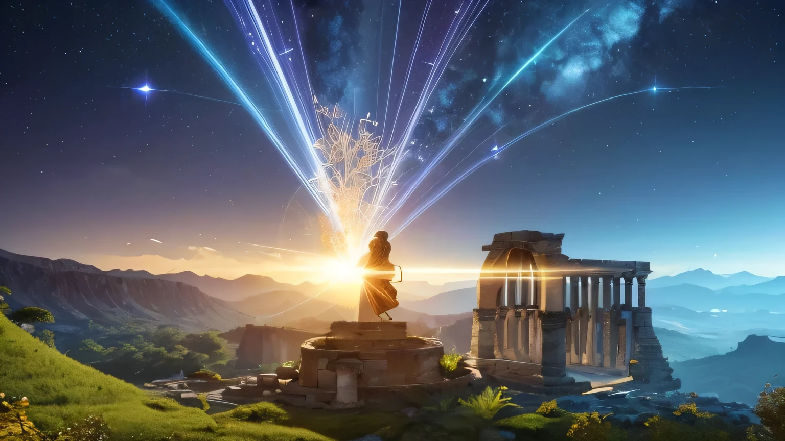 A single hemp plant flourishes in the center of ancient stone ruins. Golden energy emanates from its stalk, spiraling upwards towards the heavens. This vibrant energy resonates with the cosmos, creating a mystical aura that stirs the soul. Use indigo as the dominant color for a sense of grandeur, highlighting the golden energy.