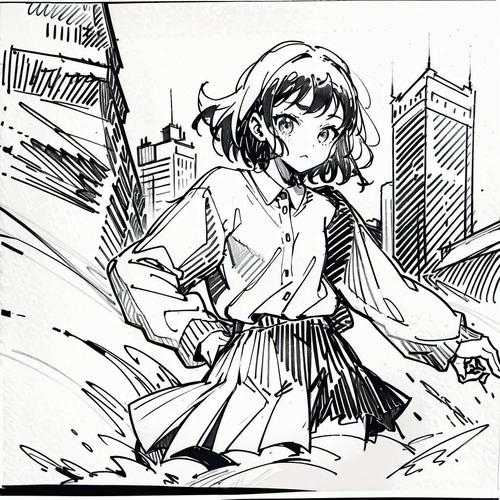 One Girl,Line art,Monochrome,sketch,Black and White,Pencil drawing,Traditional Media,sketch,One Girl, skirt,Cute Teenage Girls, ,Beautiful portrait、Delicate body、Black Hair、Black Hair,landscape