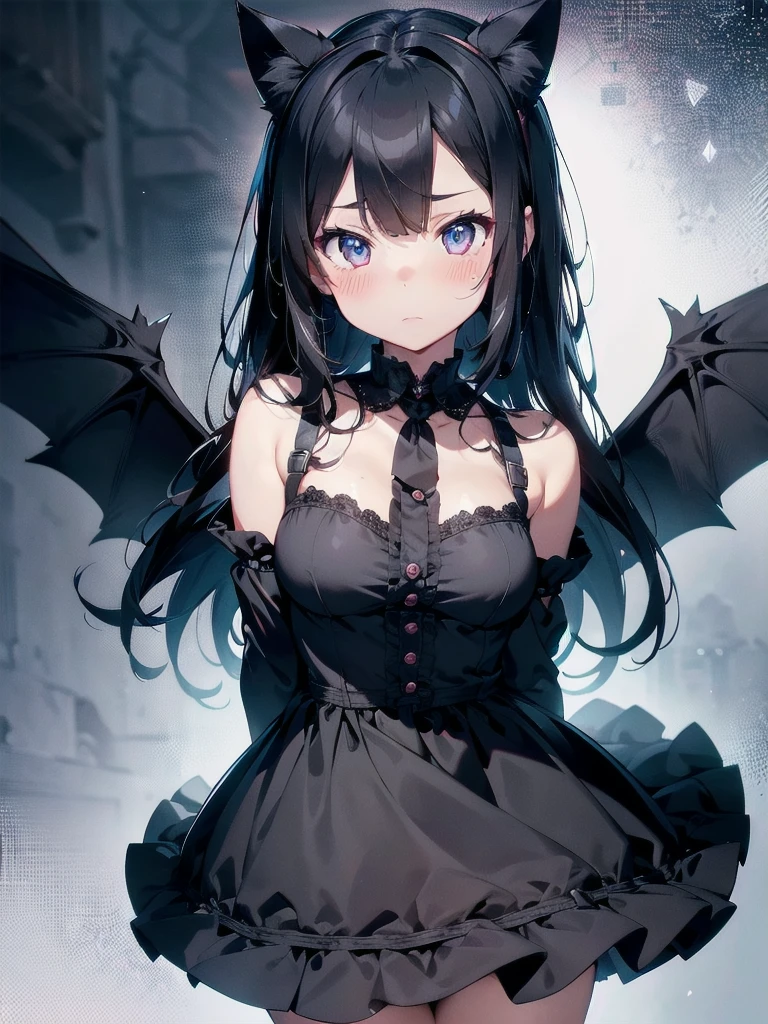 (detailed), Perfect Face, Expressive eyes, Intense blush, Folded cat ears, Adult Girls, alone, ash black hair, Hair covering one eye, Eye patch, Giant Tear , Sensual Gothic Dress, Spread your wings, whole body, 驚くべきdetailed, Wallpaper Art,
