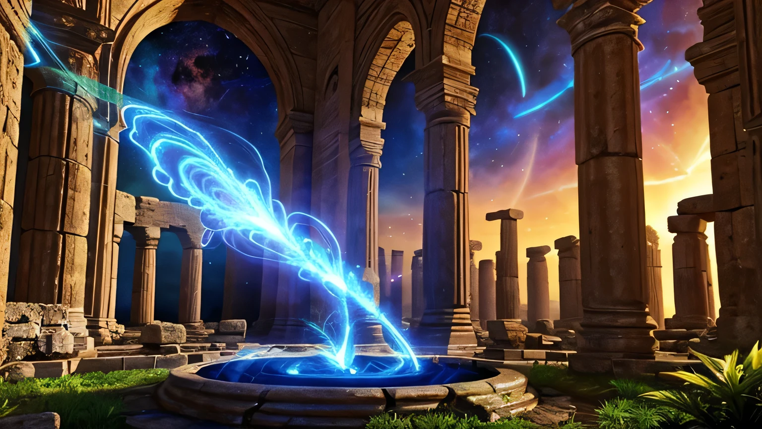 A single hemp plant flourishes in the center of ancient stone ruins. Golden energy emanates from its stalk, spiraling upwards towards the heavens. This vibrant energy resonates with the cosmos, creating a mystical aura that stirs the soul. Use indigo as the dominant color for a sense of grandeur, highlighting the golden energy.