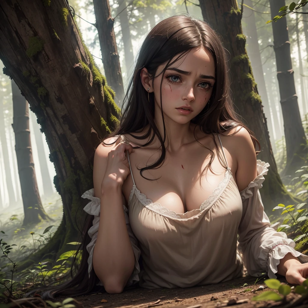 Damsel in distress. Human woman (young 18. battered and a little bloody, torn and ragged night gown) is lying on the ground protecting herself and crying, werewolf approaching, forest
