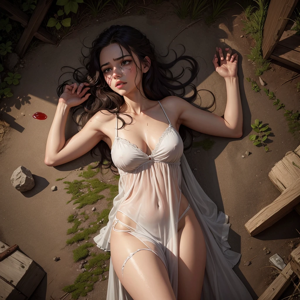 Damsel in distress. Human woman (young 18. battered and a little bloody, torn and ragged night gown) is lying on the ground protecting herself and crying, werewolf approaching, forest