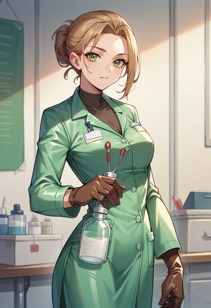 1girl, ((brown gloves)), ((surgical gloves)), ((latex gloves)), ((green surgeon outfit)), looking at viewer, ((doctor)), ((long sleeves)), standing, solo