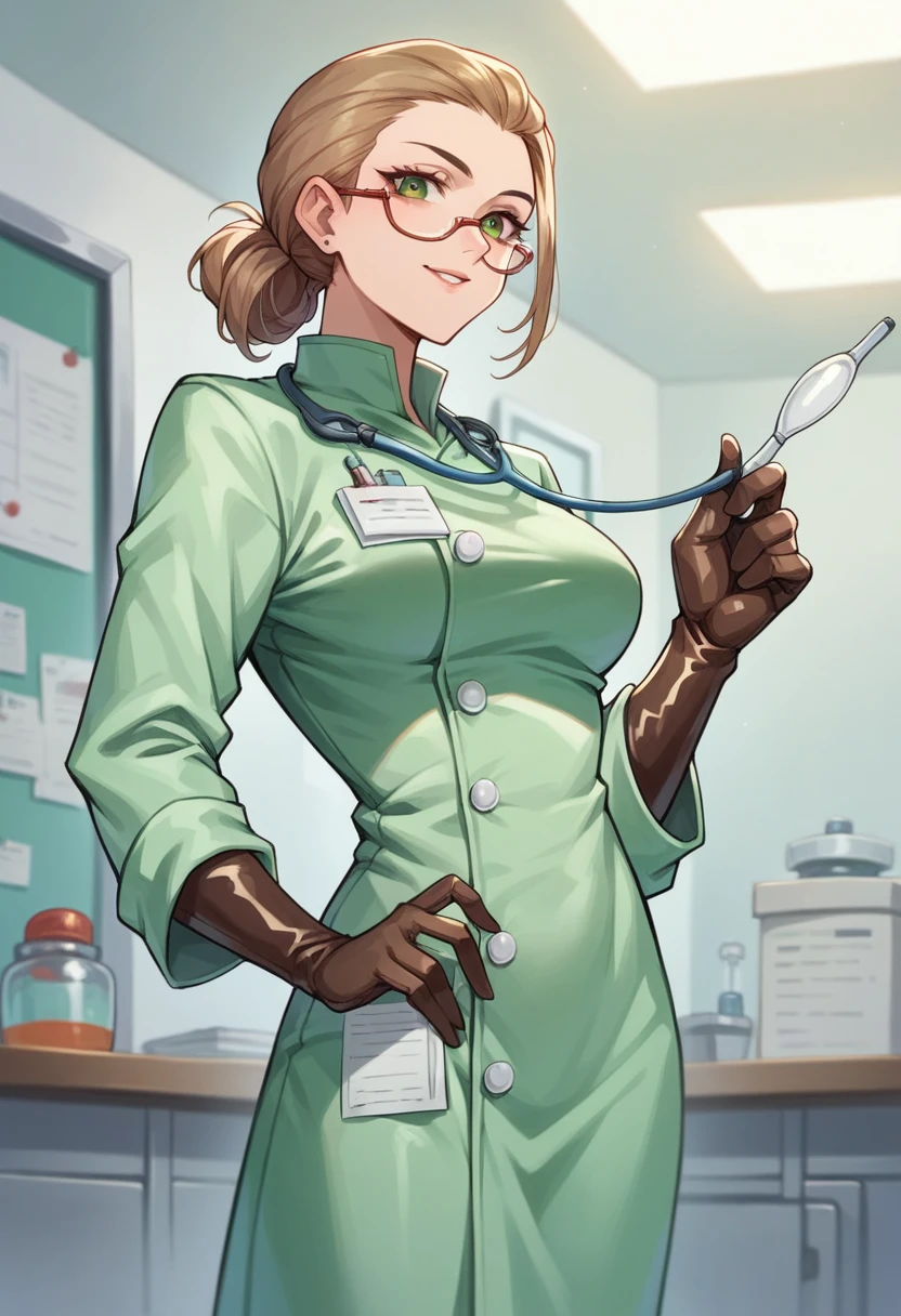 1girl, ((brown gloves)), ((surgical gloves)), ((latex gloves)), ((green surgeon outfit)), looking at viewer, ((doctor)), ((long sleeves)), standing, solo