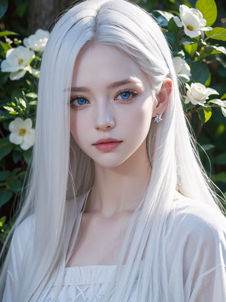 Long white hair, blue eyes, serious features, white skin, loose style, in a garden, with flowers , in the forest , killer frost the flash