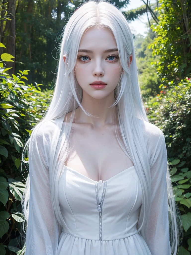 Long white hair, blue eyes, serious features, white skin, loose style, in a garden, with flowers , in the forest , killer frost the flash