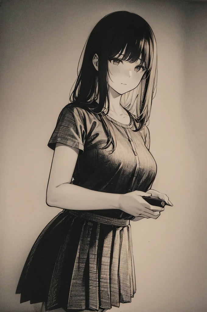 One Girl,Line art,Monochrome,sketch,Pencil drawing,Traditional Media,One Girl, skirt,Cute Teenage Girls, ,Beautiful portrait、Delicate body、Black Hair、Black Hair,landscape